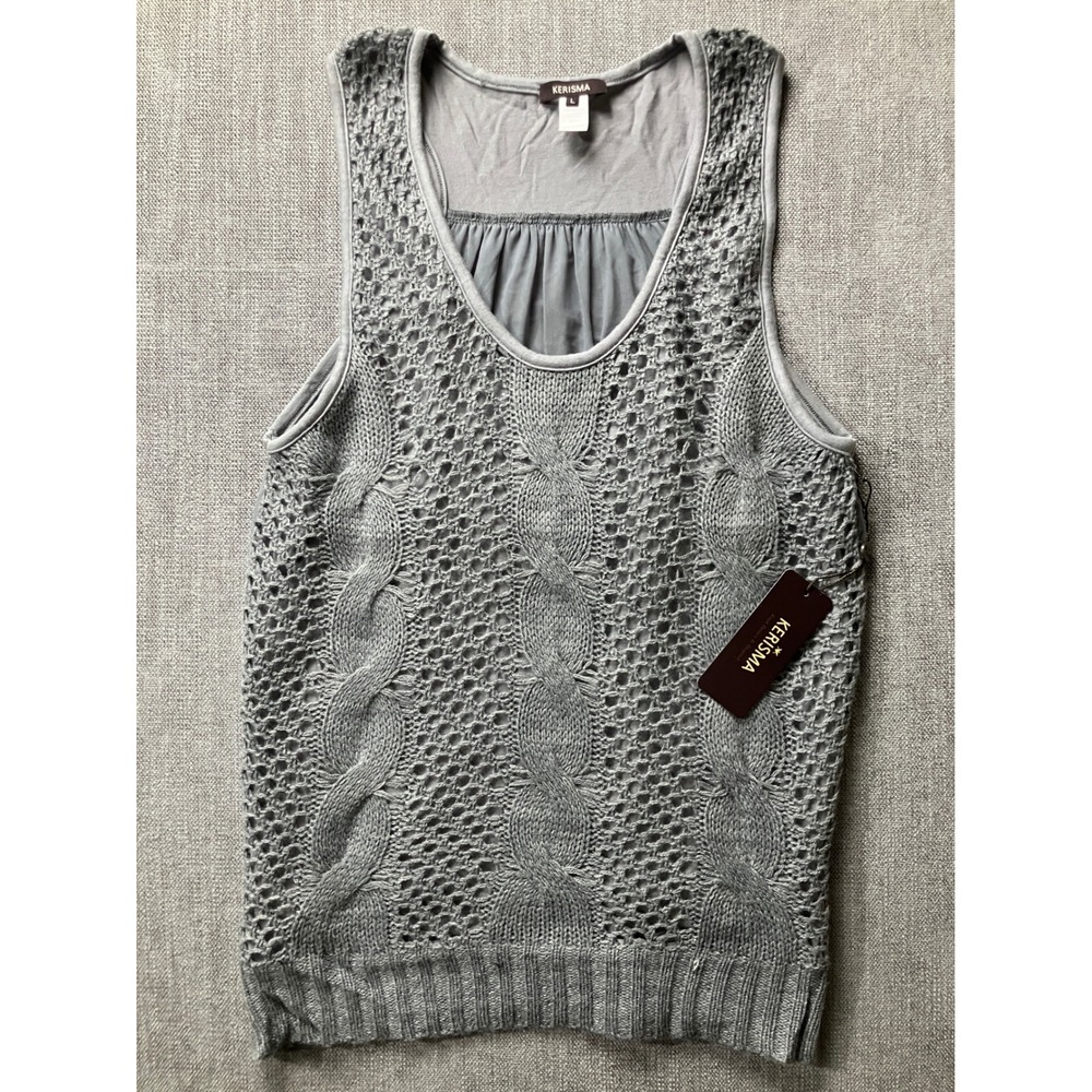Kerisma Womens Grey‎ Cable Knit Mixed Media Sleeveless Top Racerback Large NWT